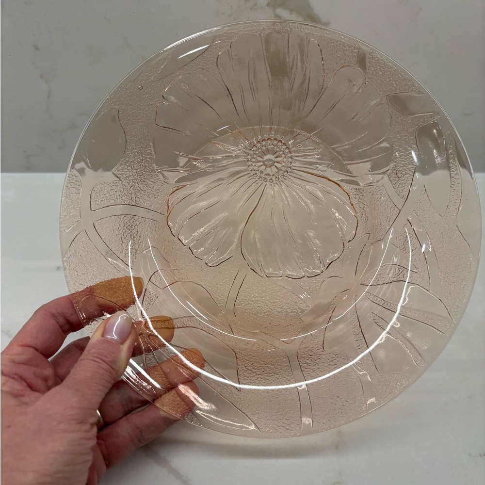 2 Vintage KIG Indonesia Pink Glass Plates with Embossed Floral Pattern